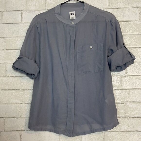 NSF Slate Gray Mandarin Collar Button Down Blouse XS - Picture 1 of 6